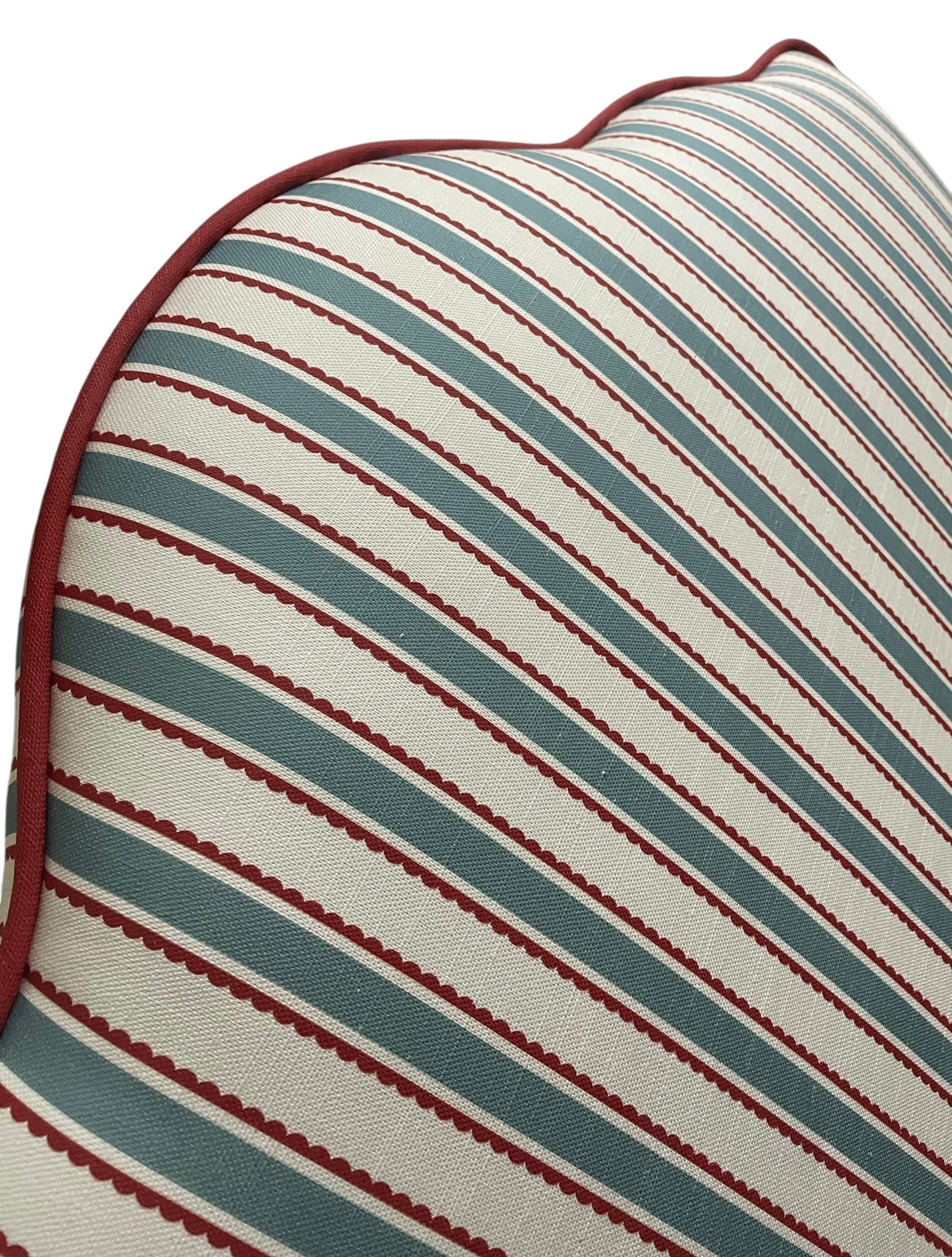Provence headboard made with scallops stripe fabric with plain matching piping. 